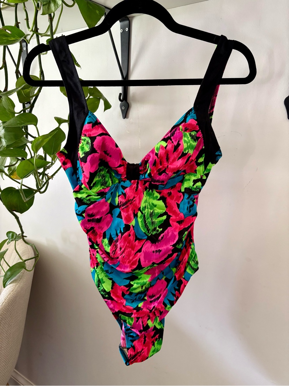 Ladies Floral One-Piece Swimsuit - Hot Pink, Neon Green & Teal